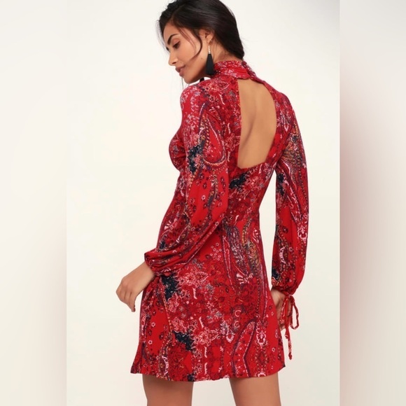 NWT Free People All Dolled Up Red Print Long Sleeve Mini Dress Size Small - Picture 3 of 9